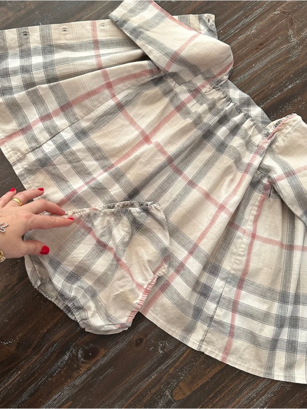 Burberry Cream Plaid Baby Dress with Pink and Gray Stripes